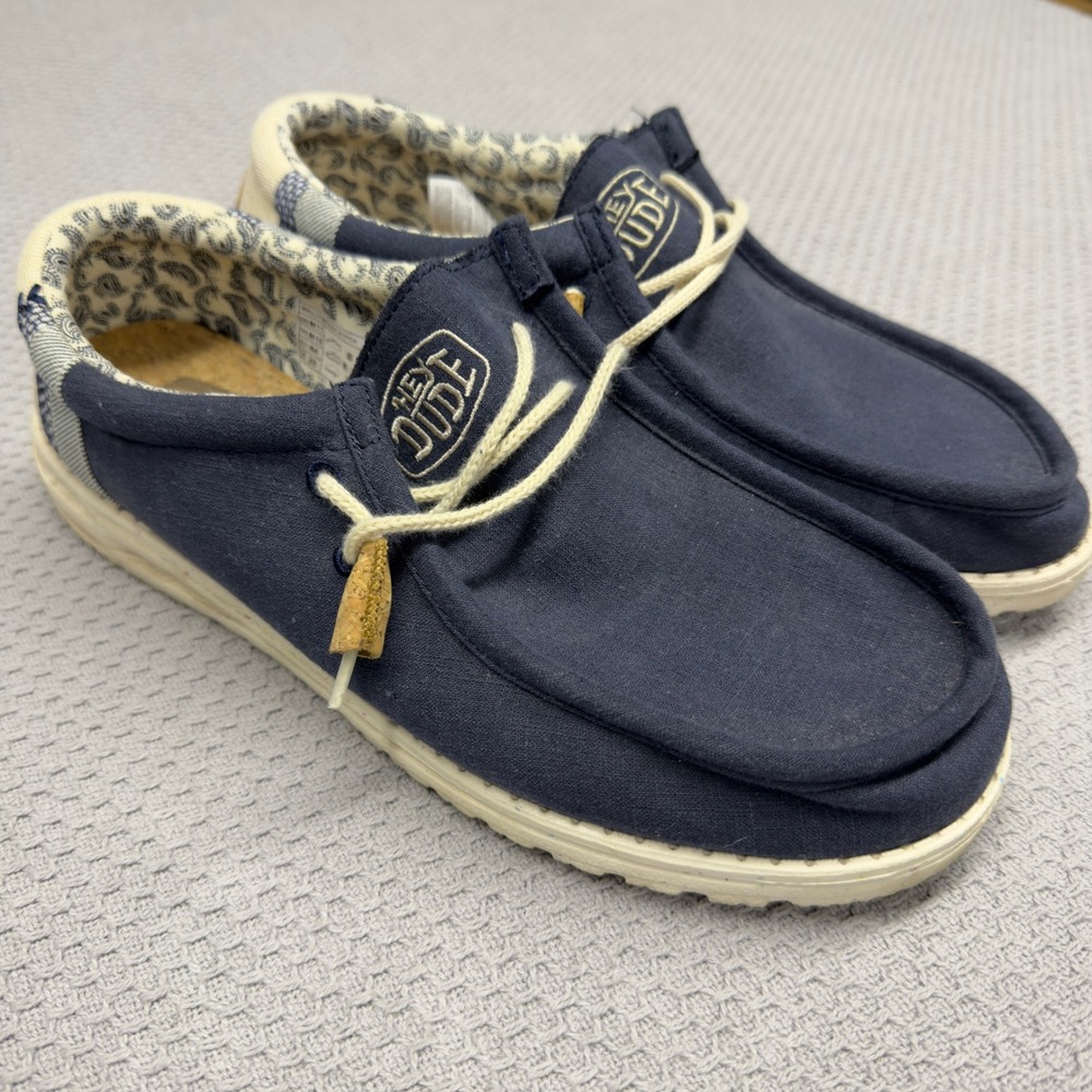 Hey Dude Shoes Mens 11 Blue Wally Break Stitch Navy Blue Canvas Loafers Casual